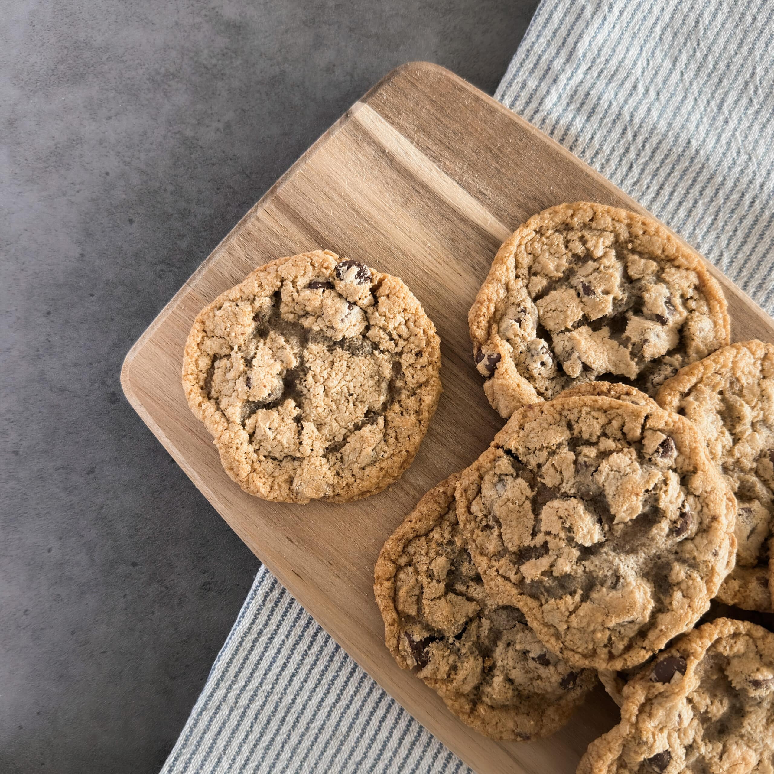 Warm, freshly baked chocolate chip cookies with a golden-brown exterior and gooey, melty chocolate chunks—perfect for any sweet tooth.