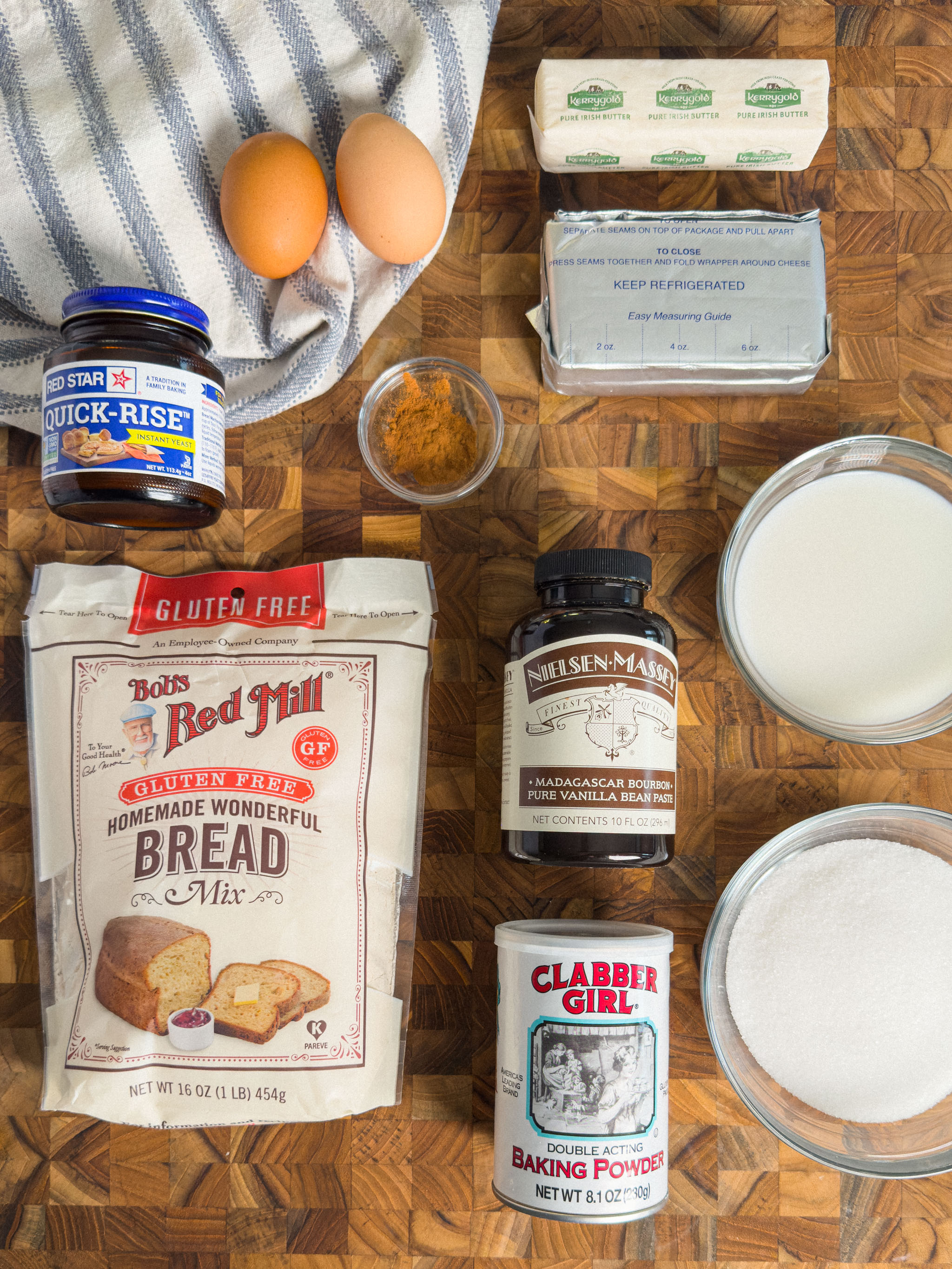 Ingredients laid out to make gluten free soft and fluffy cinnamon rolls